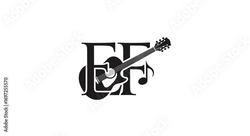 Elegant musical monogram featuring acoustic guitar and note for branding identity creation