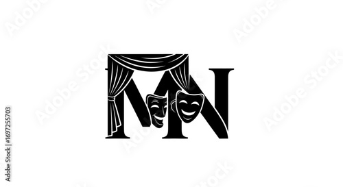 Sophisticated logo featuring theatrical masks, stage curtains, and the elegant letters MN