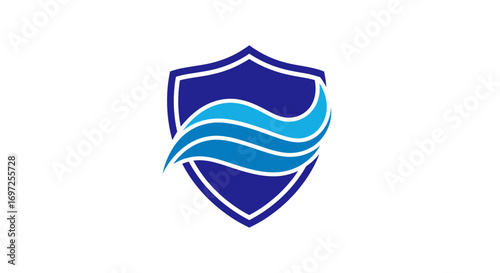 Stylized blue wave design within a shield emblem for brand identity and protection