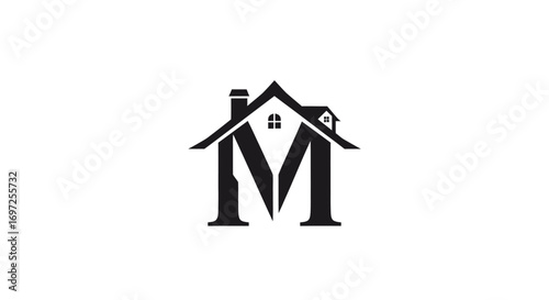 Monogram design forming a dwelling with the letter M incorporating architectural elements for