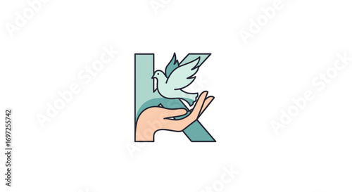 Letter K logo displaying a hand gently releasing a dove of freedom illustration