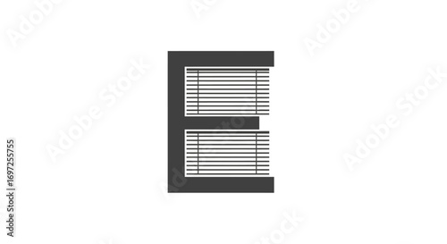 Abstract representation of the letter E formed by horizontal window blinds on a white background