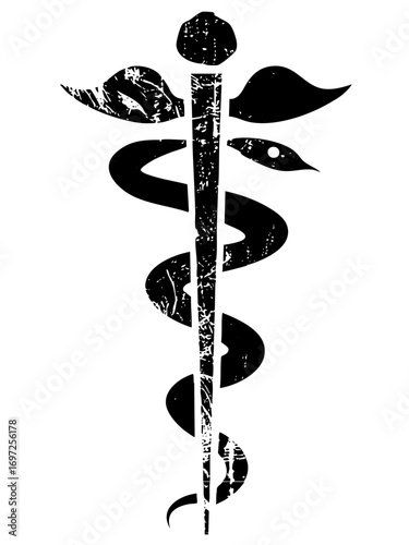 Vector Distressed medical staff symbol with entwined serpents.