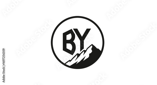 Minimalist black and white logo featuring letters 'BY' integrated with stylized mountain peaks