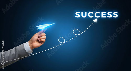 Hand launching paper plane toward success with upward arrow and word success on blue background