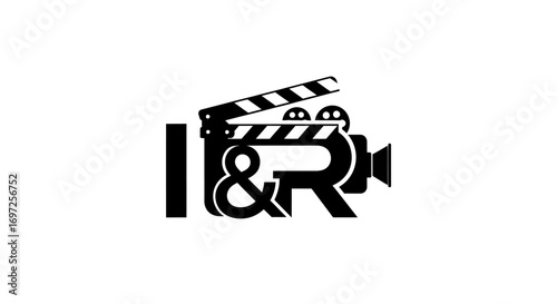 Dynamic video production logo with film camera incorporated within letters and clapperboard