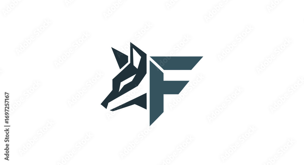 Fototapeta premium Geometric wolf head combined with letter F for a minimalist and striking logo design