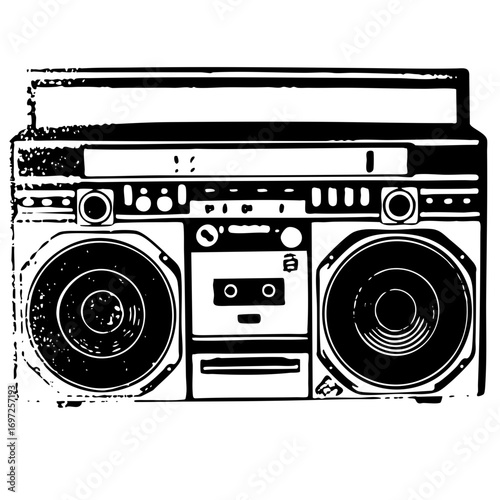 Vector Vintage boombox with large speakers and cassette player.