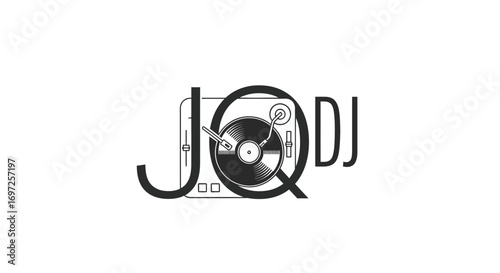 Minimalistic logo design with a turntable and the stylized letters JQDJ representing music