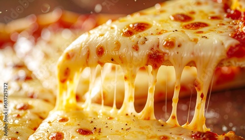 Melting cheese pull texture on a fresh pizza slice, bubbling mozzarella, tomato sauce background