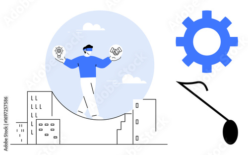 Businessman balancing light bulb and handshake icons over cityscape, gear and magnifying glass nearby. Ideal for innovation, teamwork, business strategy, risk management, leadership, problem-solving