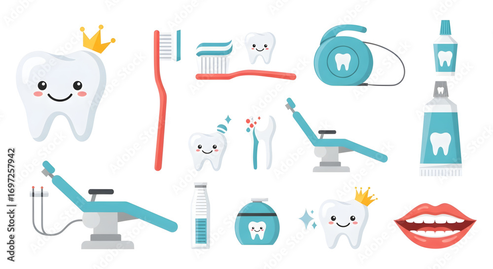 Fototapeta premium Cute Dental Care Icons with Happy Tooth Characters and Professional Equipment