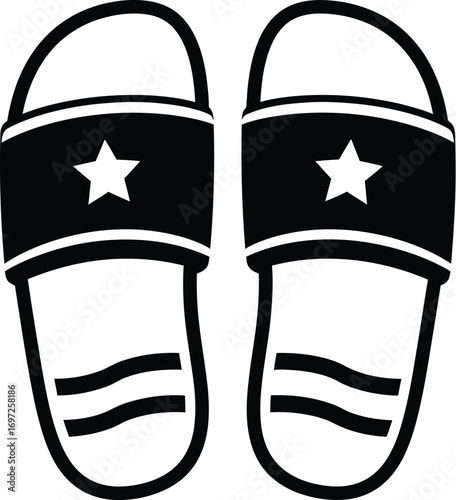 Pair of simple black slide sandals with a white star detail on the strap
