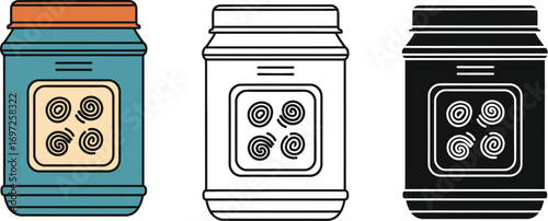 Collection of three jars with coiled contents and lids, presented in color, outline, and silhouette