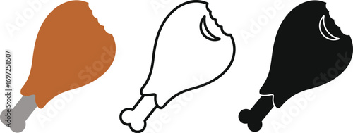 Bitten chicken leg icons in brown, outline, and black, representing food and hunger.