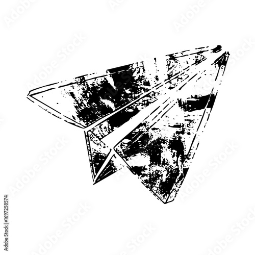 Vector Distressed paper airplane with a textured grunge aesthetic.