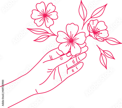 hand gently holding blooming flowers and leaves, a symbol of nature's beauty and care.