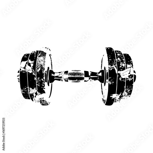 Vector Black and white dumbbell with distressed texture.