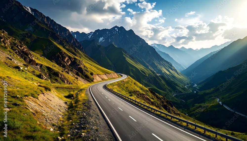 Fototapeta premium Winding road leads through mountainous landscape under a cloudy sky