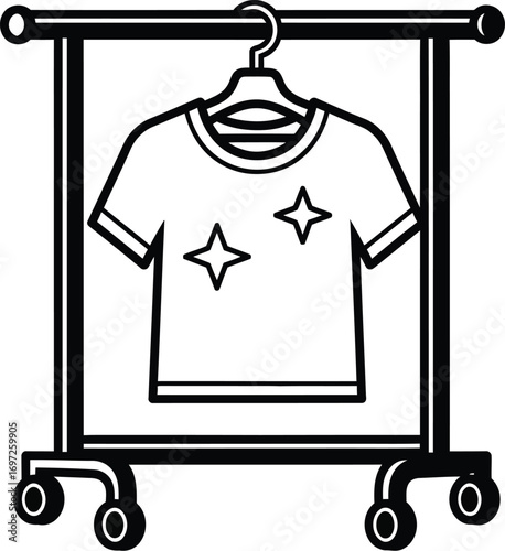 Clean sparkling t-shirt hanging on a mobile garment rack, ready for wear
