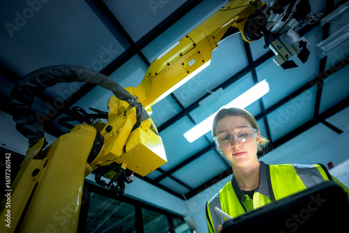 A female maintenance technician performs a preventative maintenance check on a 6-axis robotic arm's end-effector, ensuring the system's precision on the production line.