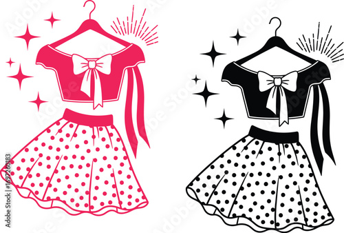 Chic polka dot dress and top displayed on hangers, sparkling with style and flair.