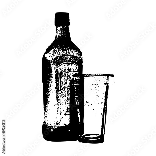 Vector Bottle and Glass with Textured Style
