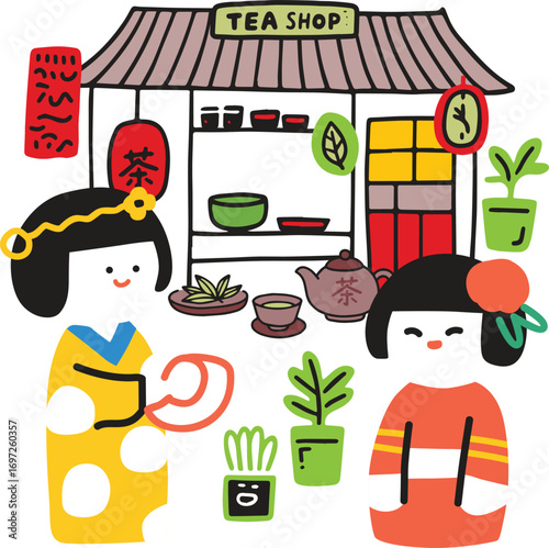 Cute Japanese Tea Shop Illustration ? Hand Drawn Vector with Geisha Characters