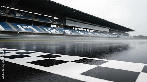 Checkered Finish Line on Wet Racetrack Under Cloudy Sky