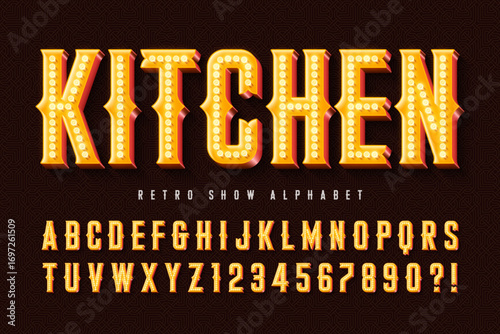 Retro marquee show alphabet design, circus, fairy LED lamps letters and numbers.