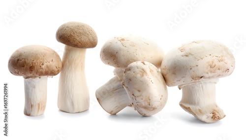 Fresh mushrooms arranged on white background