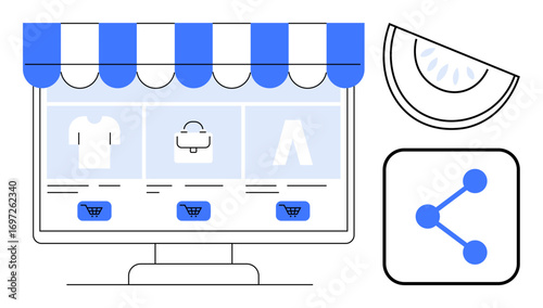 Digital storefront showcasing products with shopping carts, networking icon, and abstract design. Ideal for e-commerce, online shopping, digital marketing, social media, connectivity, retail