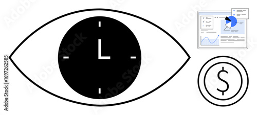 Eye with a clock emphasizes time management, a coin symbolizes financial value, and an analytics chart suggests data-driven decision-making. Ideal for business, finance, productivity, analytics