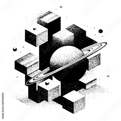 Abstract depiction of saturn with rings surrounded by textured cubes in black and white style art