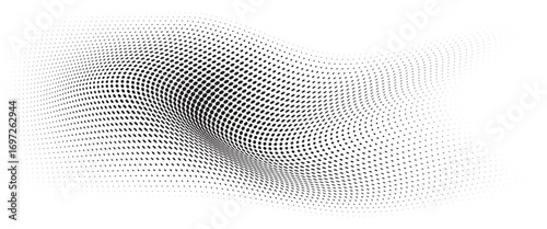 Flowing Wave Dot Halftone Pattern: Curve Gradient Shape on Transparent Background. Suitable for AI, Tech, Network, Digital, Science, and Technology Themes.