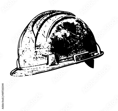 Vector Distressed construction helmet depicts workplace safety.