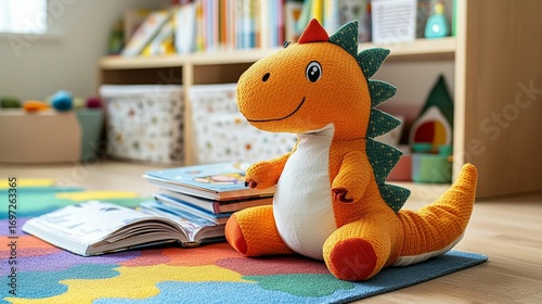 Plush dinosaur toy sits on colorful rug near bookshelves