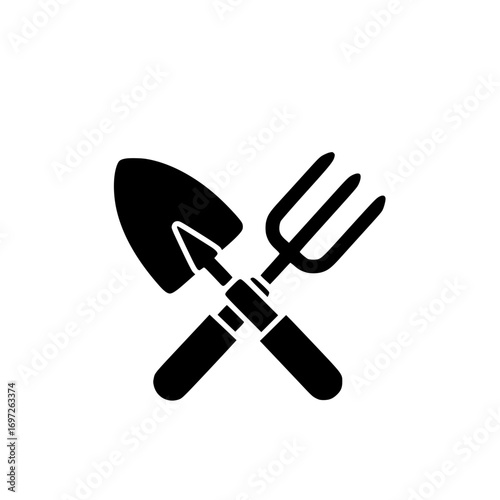 Gardening tools shovel and fork vector icon representing agriculture, farming, and eco-friendly gardening