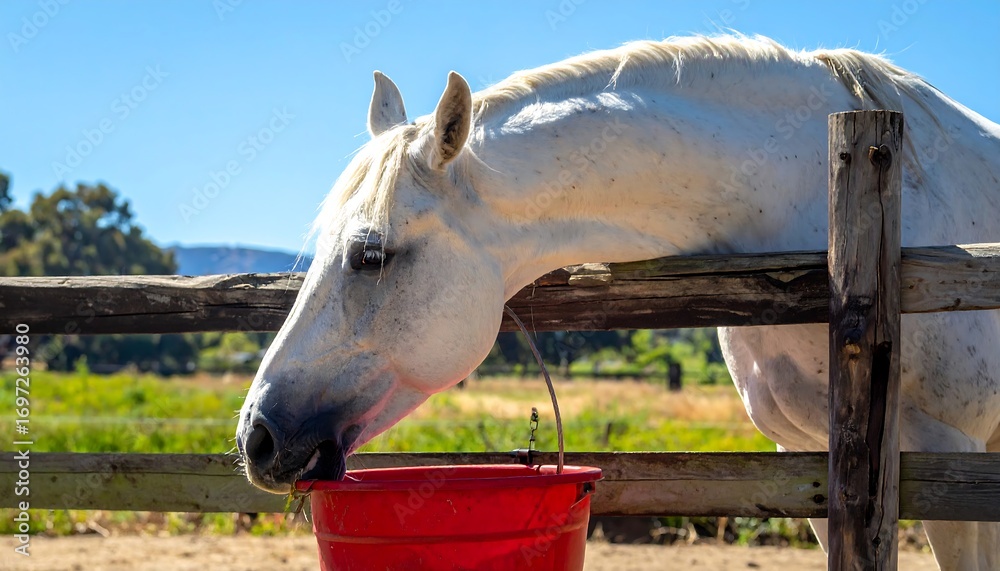 Obraz premium White horse drinking from a red bucket at a rural pasture