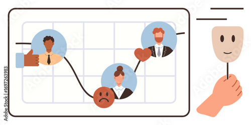 Hand holding a smiling mask beside a graph showing emotional changes with avatars, thumbs-up, heart, and sad face. Ideal for communication, emotion analysis, feedback, teamwork, empathy psychology