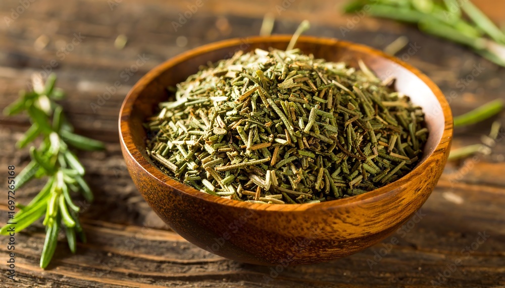 Fototapeta premium Dried rosemary in a wooden bowl on a rustic surface