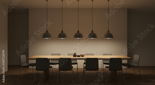 Elegant Dining Minimalist Interior with Modern Pendant Lighting Fixtures above a Long Wooden Table