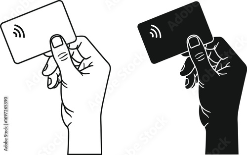 Hand holding contactless payment card for easy transaction