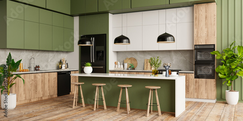Stylish kitchen design featuring green and wood cabinets, large island with white countertop, wooden bar stools- 3D rendering