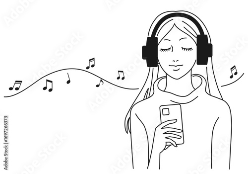 Simple and stylish line drawing vector illustration of a young woman listening to music with wireless headphones
