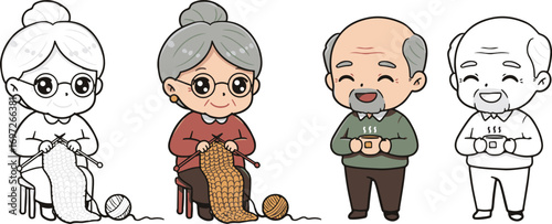 Cute kawaii elderly couple with grandmother knitting and grandfather drinking tea