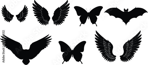 Collection of black silhouette wings, butterflies, and a bat on a white background