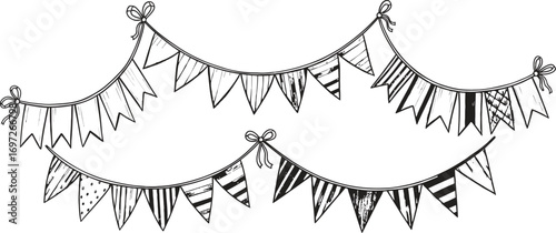 Festive hand-drawn bunting flags create a cheerful, celebratory atmosphere for parties and events.