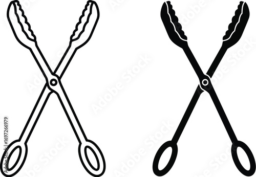 Simple black and white illustration of kitchen tongs for cooking and serving food.
