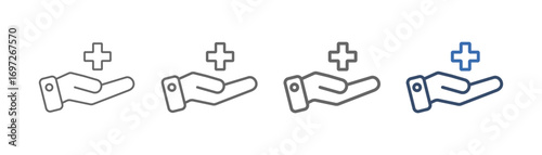 
outline icon set first aid with hand design and plus sign on top